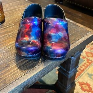 Dansko Blue and Red Mules Vibrant Cosmic Design